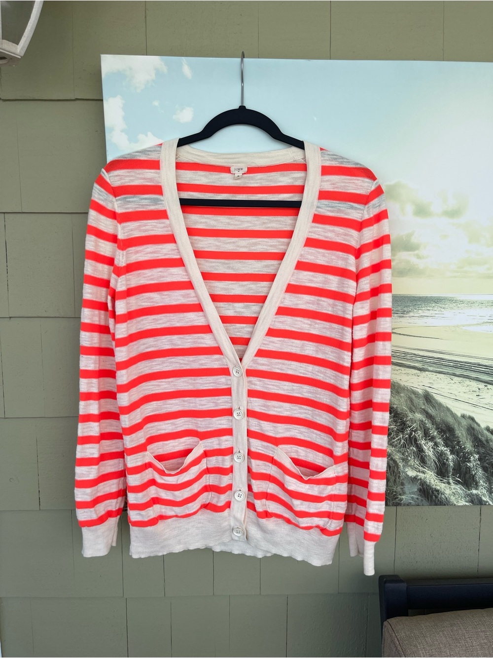 J. Crew Coral and Cream Striped Button-Front Cardigan